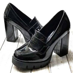 New Black Patent Platform Chunky High Heel Penny Loafers